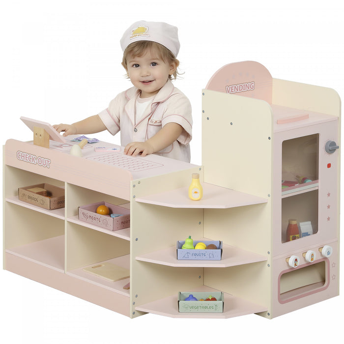 Qaba Kids Grocery Store Playset, Pretend Play Store with Cash Register, Vending Machine and Play Food Accessories, Supermarket Toy Set, Gift for Toddler Boys Girls, Pink