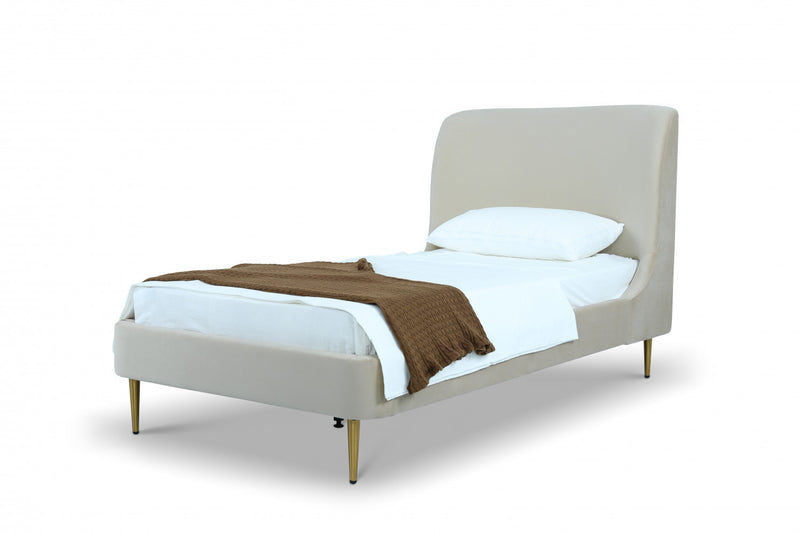 Heather Mid-Century Modern Velvet Upholstered Twin Bed in Cream and Gold