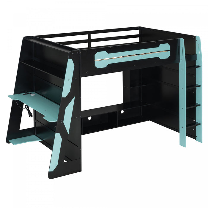 Olivia Wood Loft Bed with Desk and Multi-storage Shelves,RGB Light,Blue Full Bed