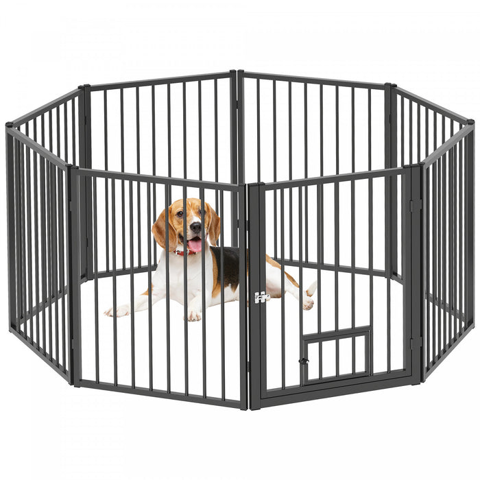 Pawhut Dog Playpen, 30\"h Pet Playpen, 8 Panels Puppy Exercise Pen Heavy Duty With Dog Gate & Cat Door, Indoor Outdoor Foldable Portable Dog Fence For Small & Medium Dogs