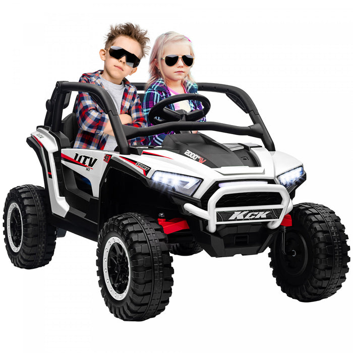 Qaba 24v 7ah Powered Ride-On Truck, 2 Seater 4wd Battery Powered Electric Car For Kids With 4 Spring Suspension Wheels, Remote Control, 3 Speed, Led Lights, Mp3 Player, Horn, Music, White
