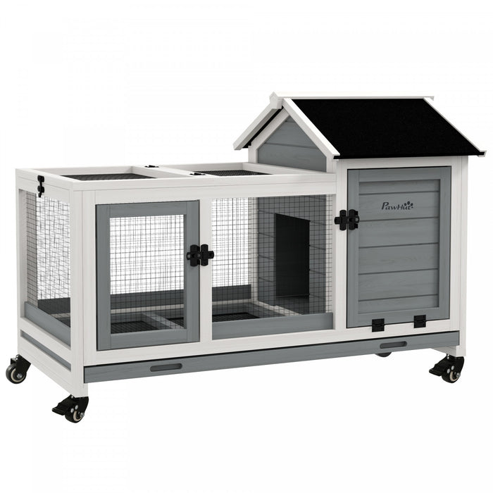 PawHut Indoor Rabbit Hutch with Wheels, Bunny Cage with Ramp, Run, Pull Out Tray, Suitable for Rabbit, Guinea Pig, Grey