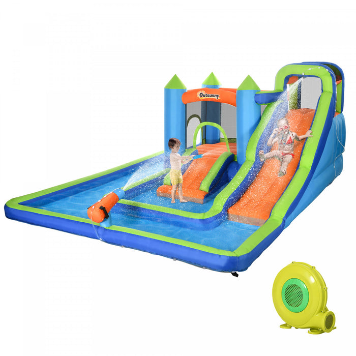Outsunny 5 In 1 Kids Bounce House With Double Slides Pool Trampoline Climbing Wall Water Cannon, Inflatable Bouncy Castle Outdoor With Blower Carrying Bag, For 3-8 Years Old