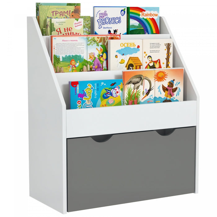 Qaba Kids Bookshelf, Bookcase Toy Storage Organizer With 3 Tier Display Shelves, Drawer, For Nursery, Bedroom, Living Room, Classroom, Grey