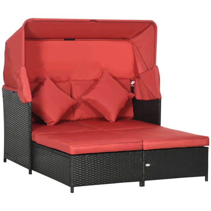 Outdoor Double Lounge Daybed W/ Awning & Cushion Sun Lounger, Red