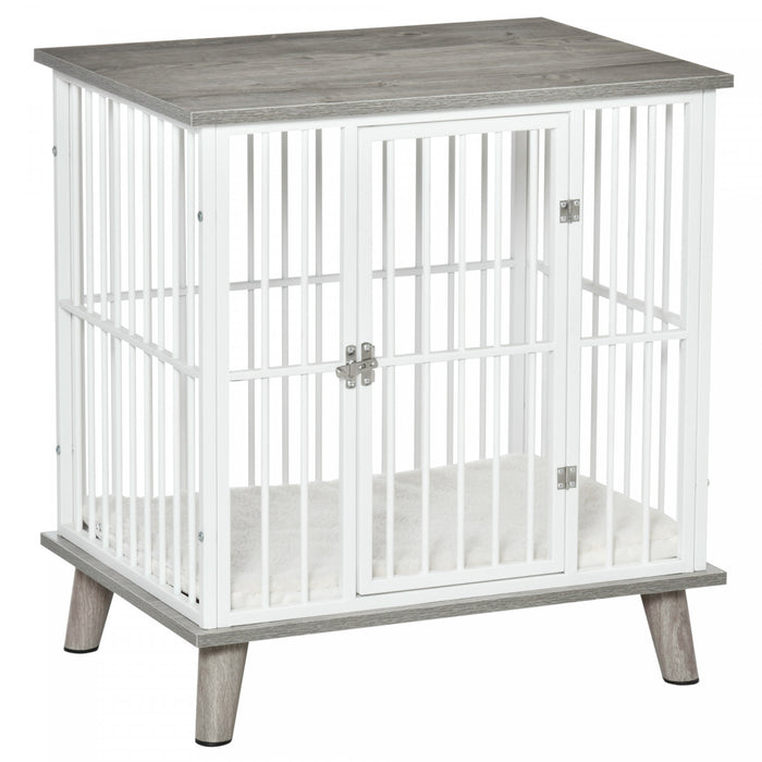 Pawhut Dog Crate, Furniture Style Pet Cage Kennel, End Table, Decorative Dog House, With Soft Cushion, Wooden Top, Door, For Small Dogs, Indoor Use, Grey