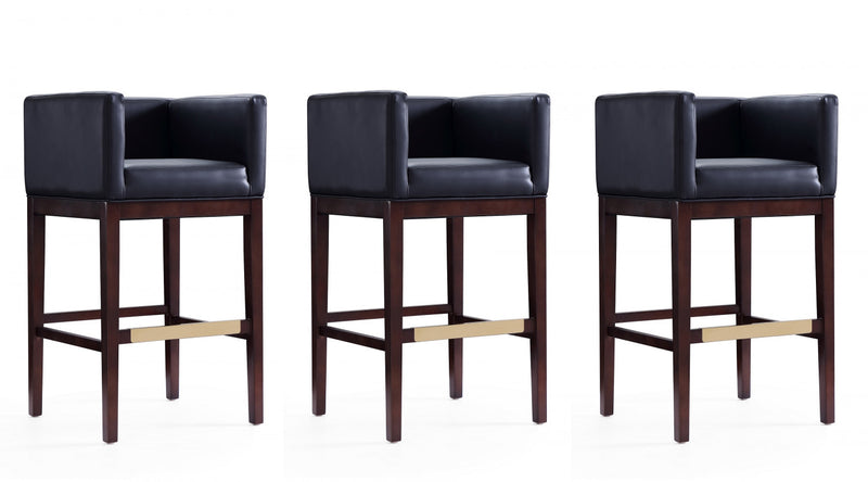 Kingsley Mid-Century Modern Wood Upholstered Barstool in Black - Set of 3