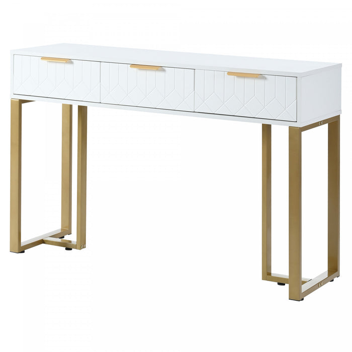 Horizon Modern Console Table with Geometric Drawers and Gold Frame, White/Gold