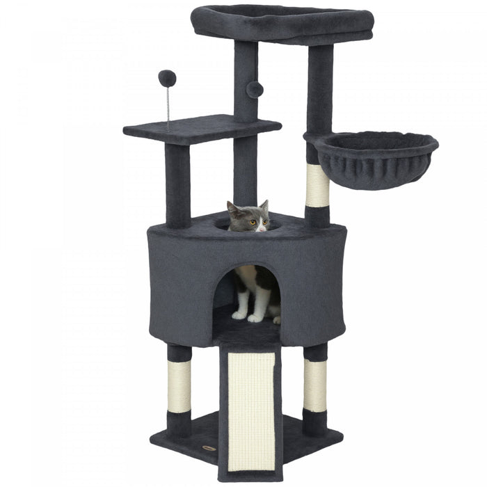 PawHut Cat Tree, 47 Inch Cat Tower with Large Cozy Condo, Hammock, Bed, Ladder, Toy Balls, Sisal Scratching Posts, for Indoor Kittens, Dark Grey