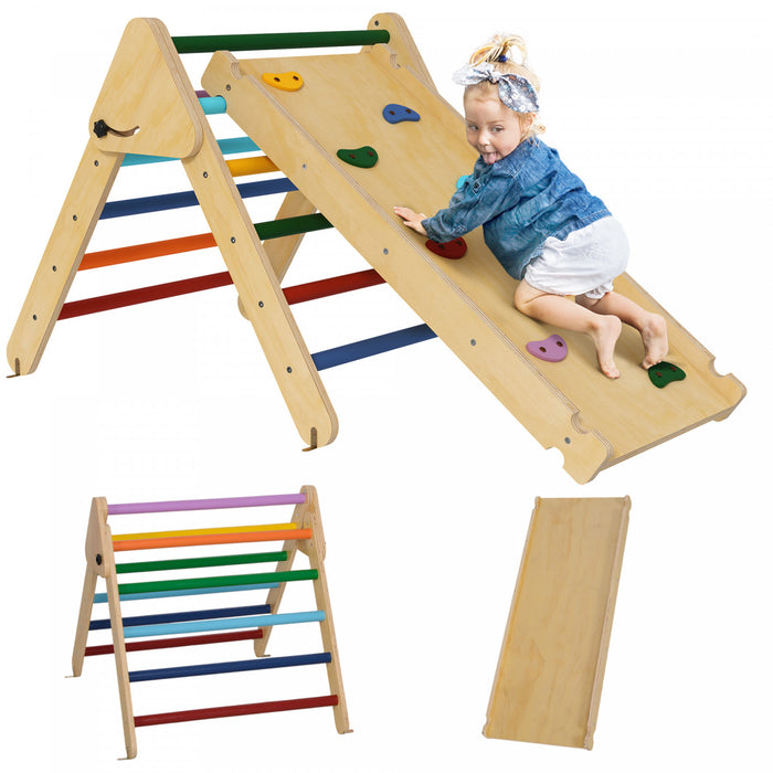 Qaba Pikler Triangle Set, Climbing Toys For Toddlers With Ramp, 3 In 1 Climbing Toys Indoor Baby Jungle Gym For 18-48 Months, Multicoloured