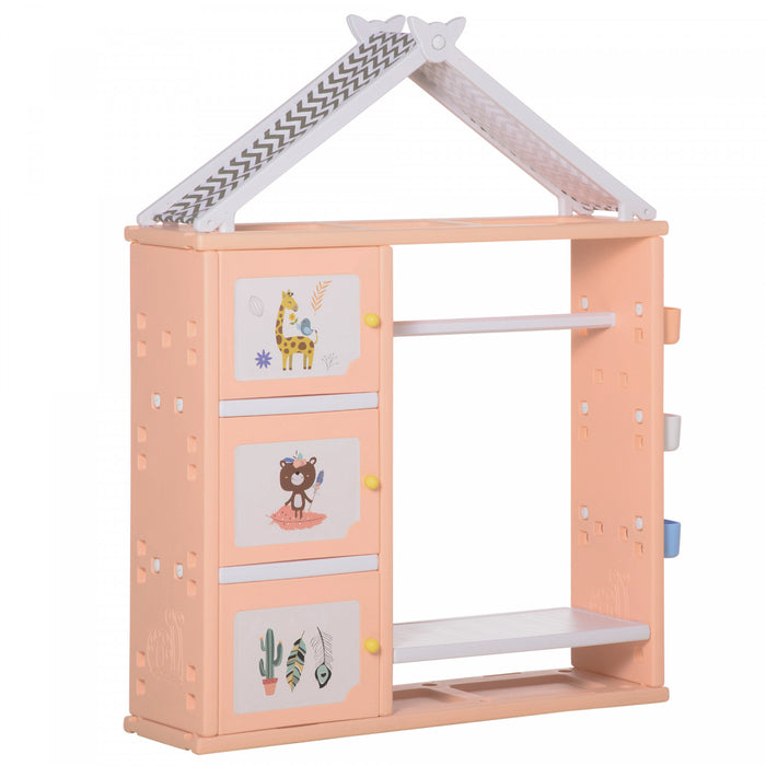 Qaba Kids Toy Organizer And Storage Book Shelf With Shelf, Storage Cabinet, Hanger, Storage Board, And Storage Basket, Orange