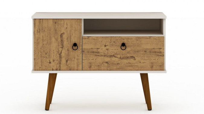 Manhattan Comfort Tribeca 35.43\" Mid-Century Modern TV Stand with Solid Wood Legs - Off White & Natural