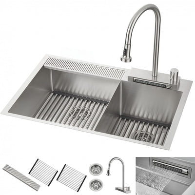 MultiSINK 33 in. D10in. Dual Mounted 60/40 Workstation Kitchen Sink, Waterfall Faucet,Stainless Steel - H-XN30 Laundry Combo | Evier poste de travail MultiSINK 33 po 60/40, prof. 10 po, double pose, robinet cascade, inox - H-XN30