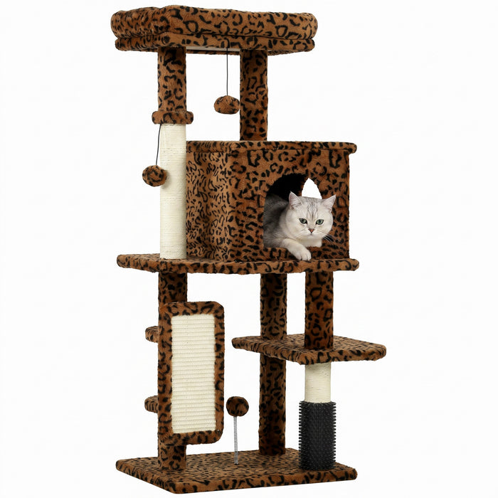 PawHut Cat Tree for Large Cat Adults, 41 Inch Cat Tower for Indoor Cats w/ Scratching Posts, Cat Bed, Condo, Jumping Platforms, Toy Balls, Leopard Print