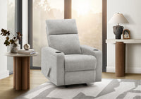 Upholstered Small Reclining Chair, Manual Rocker, Cup Holders. Light Grey Fabric Recliner 