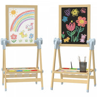 Qaba Wooden Art Easel for Kids, Double Sided Kids Easel with Height Adjustable Chalkboard and Magnetic Whiteboard, Paper Roll, Tray for Boys and Girls, Natural