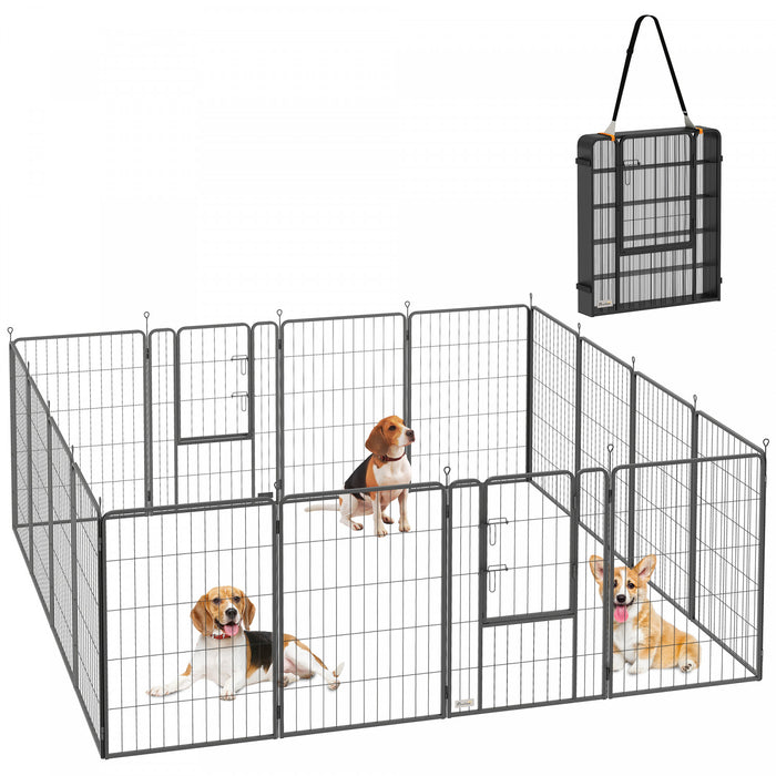 PawHut 16 Panels Dog Playpen, 27\" W x 31.5\" H Portable Heavy Duty Pet Fence with Door & Strap for Indoor Outdoor Backyard Garden, Foldable Puppy Pet Pen for Medium Dogs