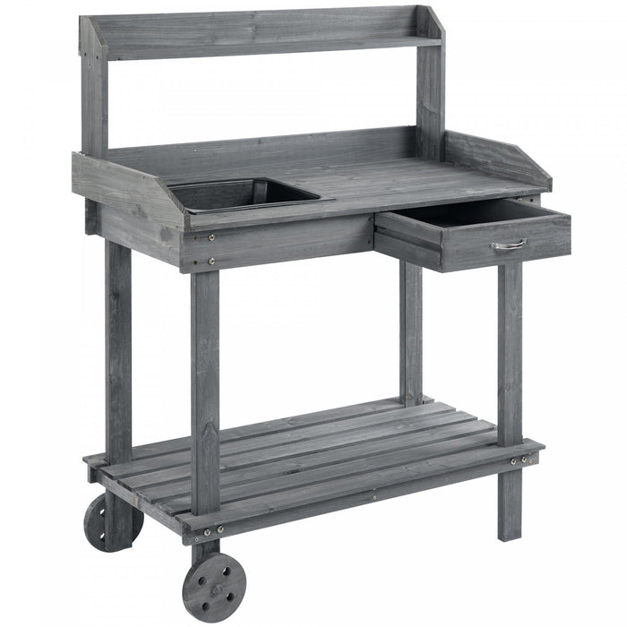Outsunny 36\" Wooden Potting Bench Work Table With 2 Removable Wheels Gray