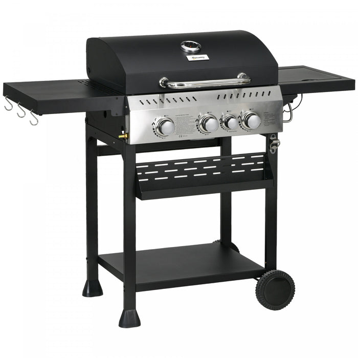 Outsunny Propane Gas Grill with 3 Main Burners, 1 Side Burner, 38,000 BTU Outdoor BBQ Grill Cart, Shelves, Warming Rack, Thermometer, Bottle Opener, Wheels, Black