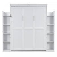 Aiden Murphy Bed with Shelves and LED Lights,Queen Size,White Queen Bed