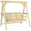 Outsunny 3 Seat Porch Swing with Stand and Side Tables, Natural Wood