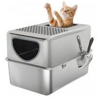 PawHut Stainless Steel Cat Litter Box with Lid, Extra Large Enclosed Litter Box with Top Litter-Catching Holes, Scoop, Dual Entry, Easy Clean, Silver