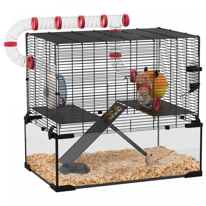 Pawhut Hamster Cage, Small Animal House With Deep Glass Bottom, Tunnel Tube System, Ramps, Platforms, Hut, Exercise Wheel, Water Bottle, Dish, 24\" X 16\" X 22\"