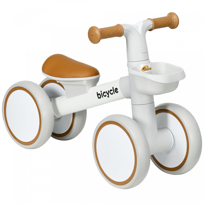 Qaba Baby Balance Bike, Toddler Balance Bike For 12-36 Months With Adjustable Seat, Removable Basket, 4 Silent Wheels, No Pedal Baby Bike For Boys And Girls, Brown