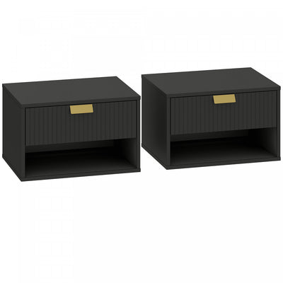HOMCOM Floating Nightstands Set of 2 with Fluted Drawer Open Shelf Black
