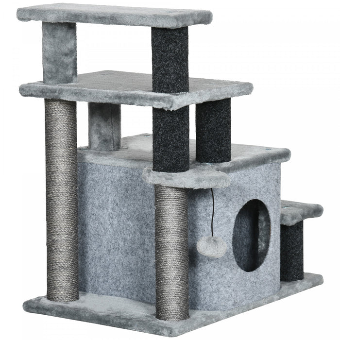 Pawhut Adjustable Height Cat Stairs With Sisal Scratching Posts, Cat House For Cozy Rest, Pet Steps For Couch Sofa And High Bed With Hanging Ball, Front Hole, Jumping Platform