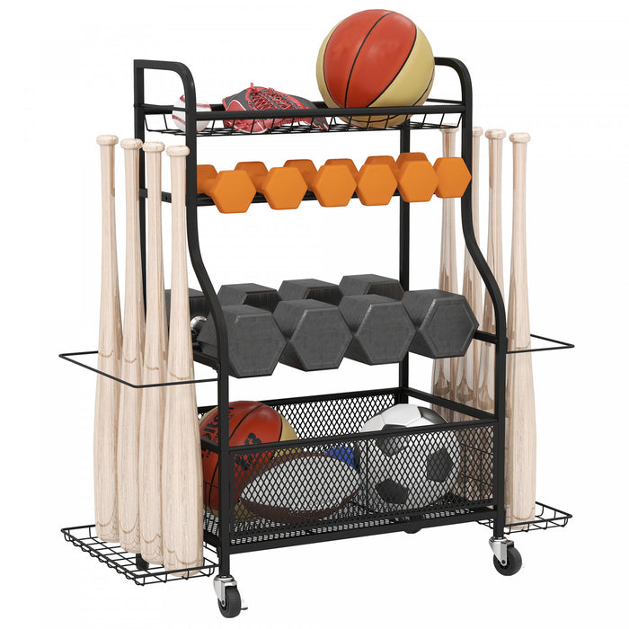 Soozier Sports Equipment Organizer, Rolling Garage Storage Rack with Wheels, Steel Home Gym Storage Cart with Dumbbell Rack, Ball Storage Holder, Baskets for Indoor Outdoor