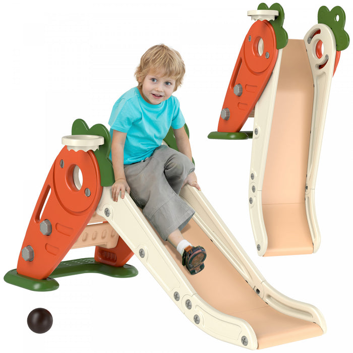 Qaba Toddler Slide, 3 In 1 Kids Slide With Basketball Hoop, Climber, Carrot-themed Foldable Indoor Slide For 1-3 Years Old, Orange