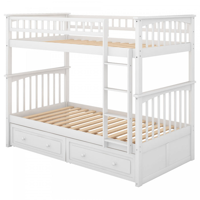 Elvis Solid Wood Convertible Bunk Bed With Drawers, Twin Size, White
