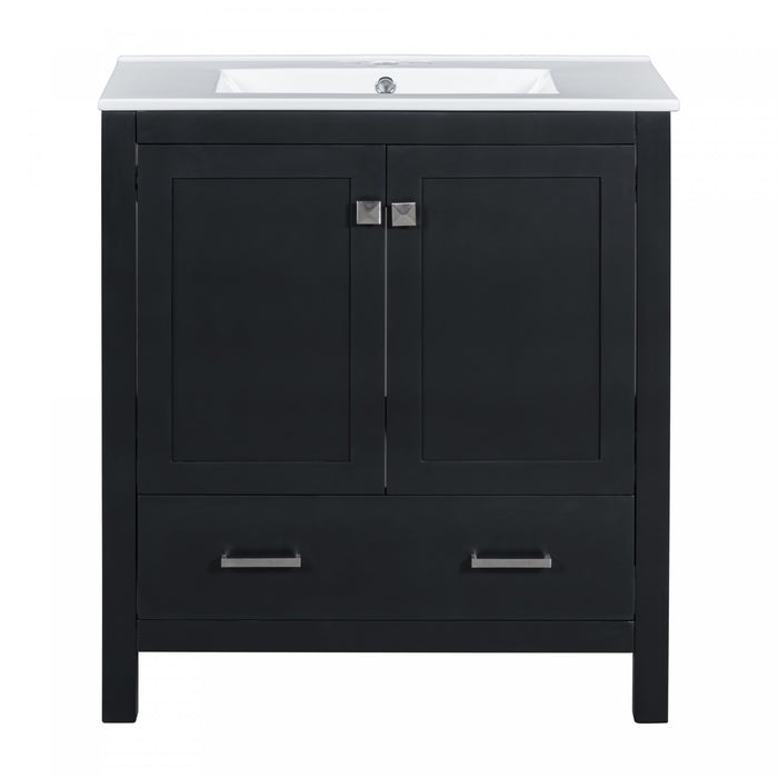 Erica 30\" Solid Wood Bathroom Vanity With Single Ceramic Sink, Soft-close Doors, And Multifunctional Storage - Black