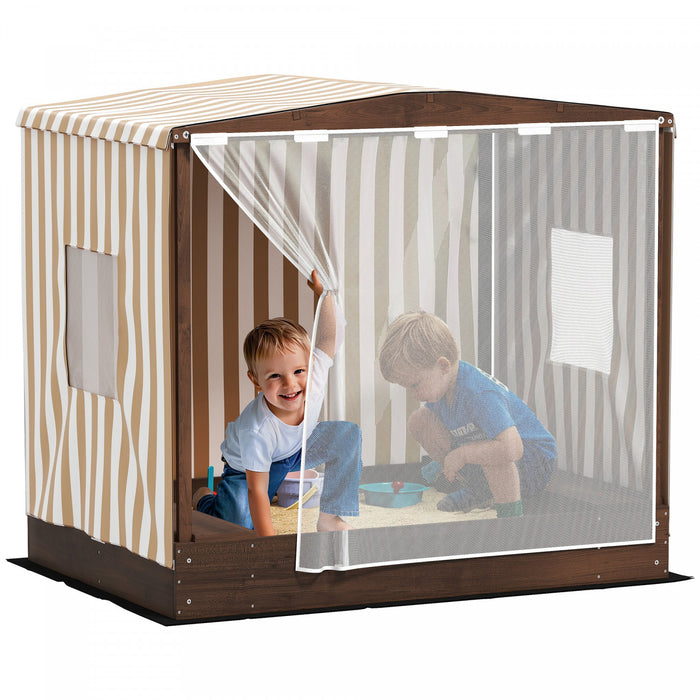 Qaba Kids Sandbox with Cover, Children Sandbox, Outdoor Wooden Sand Pit with Bench Seats and Bottom Liner, Kids Backyard Beach Playset for Ages 3-6, 56\" x 40\" x 52\"