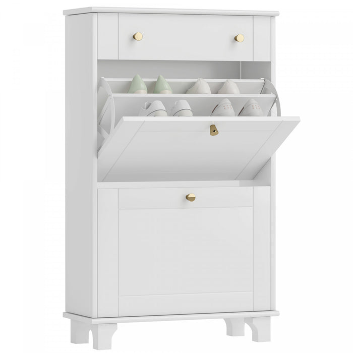 HOMCOM Narrow Shoe Cabinet w/ 2 Flip Drawers, Shoe Storage Cabinet, White