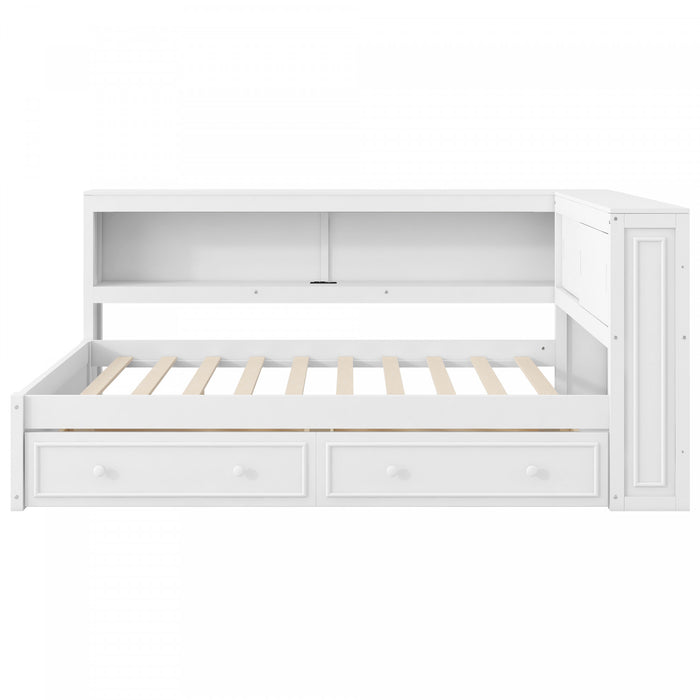 Arthur Full Size Wood Daybed with LED Light, USB Port and 2 Storage Drawers, White