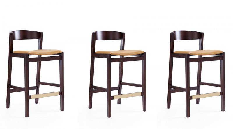 Klismos Mid-Century Modern Wood Upholstered Counter Stool in Camel - Set of 3