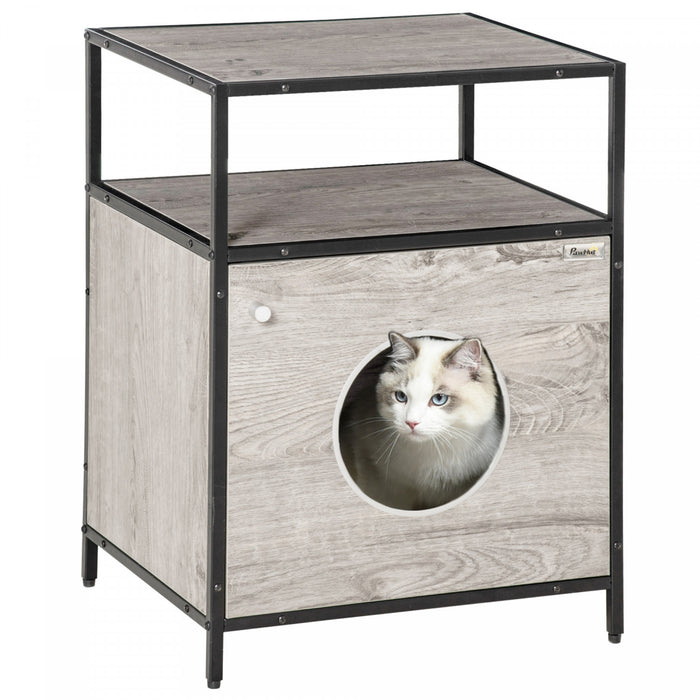 Pawhut Wooden Cat House Kitty Shelter Bed With Washable Cushion And Open Shelf, Grey, 19\" X 15.75\" X 25.75\"