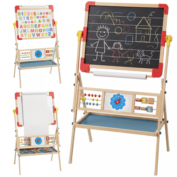 Qaba Art Easel for Kids, 3-in-1 Wooden Standing Kids Easel with Double-Sided Magnetic Whiteboard & Chalkboard, 360° Rotating, Foldable, Gift for Boys, Girls Ages 3-8, Natural