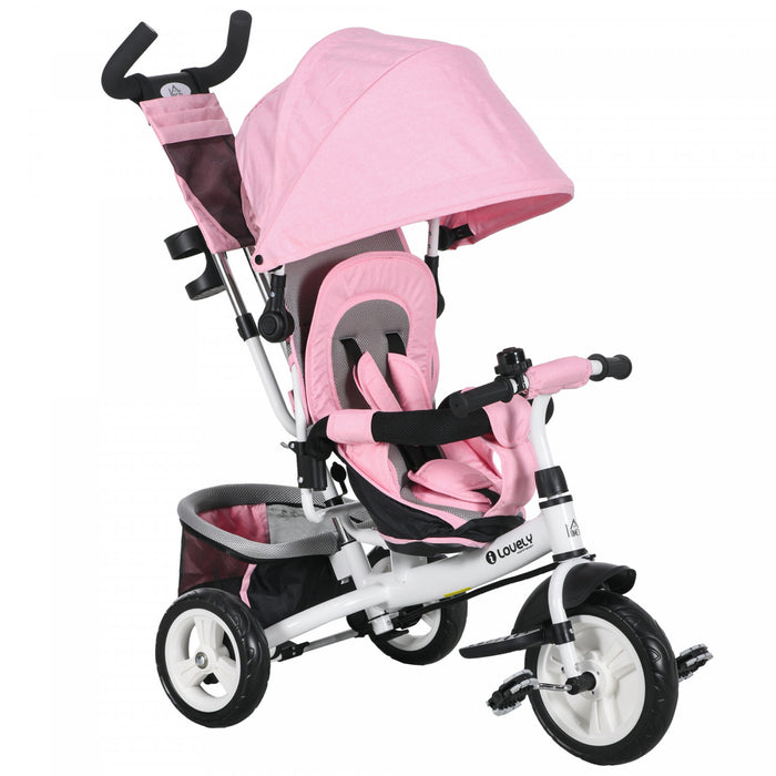 Qaba 6 In 1 Toddler Tricycle, Kids Trike With Foldable Canopy, Removable Parent-push Handle And Cover, Storage Basket, 5-point Safety Belt, For Child 1-5 Years, Pink