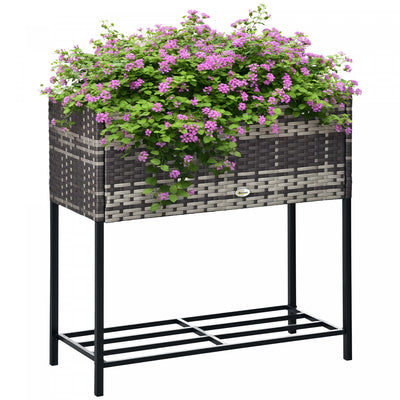 Outsunny Elevated Rattan Raised Garden Bed with Tool Storage Shelf