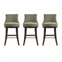 Lucia Modern Chenille Wood Upholstered Barstool in Leaf Green - Set of 3 