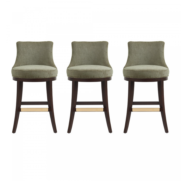 Lucia Modern Chenille Wood Upholstered Barstool in Leaf Green - Set of 3