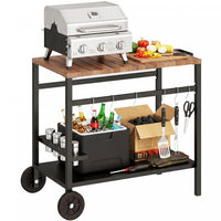 Outsunny Outdoor Grill Cart, BBQ Stand with 2-Tier Pizza Oven Stand, Beverage Holder, Hooks, Movable Food Prep Table on Wheels, Black and Brown