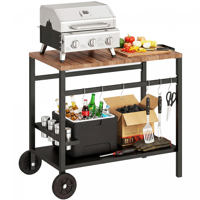Outsunny Outdoor Grill Cart, BBQ Stand with 2-Tier Pizza Oven Stand, Beverage Holder, Hooks, Movable Food Prep Table on Wheels, Black and Brown