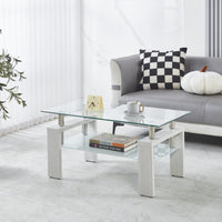 Lucius Modern Geometric Design Tempered Glass Coffee Tablewith Metal Frame and Clear Glass,White  