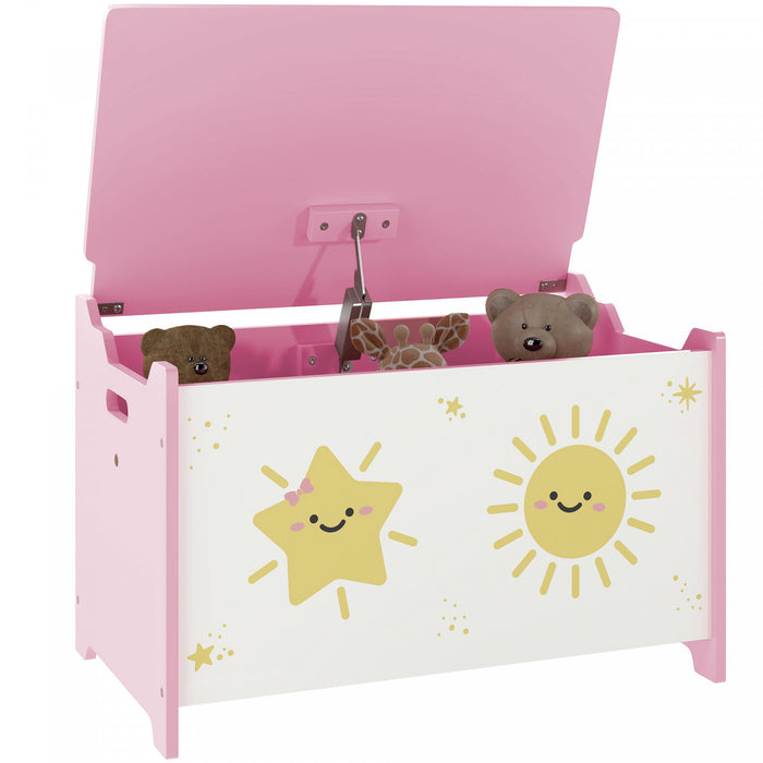 Qaba Toy Box, Kids Storage Chest With Lid, Safety Hinges And Groove Handles, Toy Storage Organizer For Boys, Girls, Pink