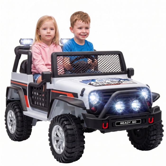 Qaba 2-Seater Ride on Truck Car, 12V Electric Car for Kids with Dual Motors, Remote Control, Soft Start, Four-Wheel Suspension, Max 5MPH, Seat Belt, Lights, Music, USB, Horn, White