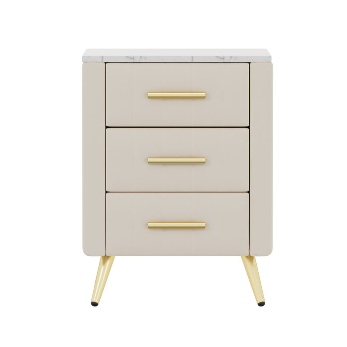 Dylan Upholstered Wooden Nightstand with 3 Drawers and Metal Legs,Beige